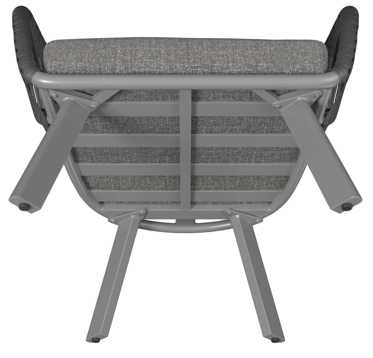 Unteransicht eines Loungesessels mit grauem Metallrahmen und gepolstertem Sitzkissen.