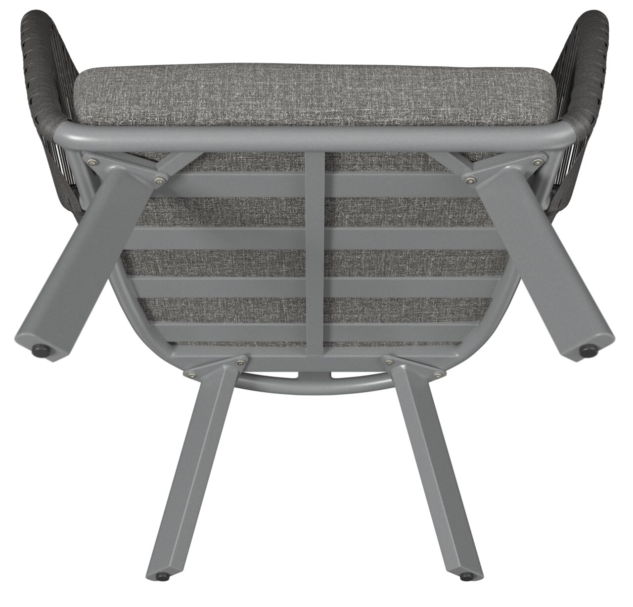 Unteransicht eines Loungesessels mit grauem Metallrahmen und gepolstertem Sitzkissen.