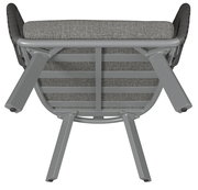 Unteransicht eines Loungesessels mit grauem Metallrahmen und gepolstertem Sitzkissen.