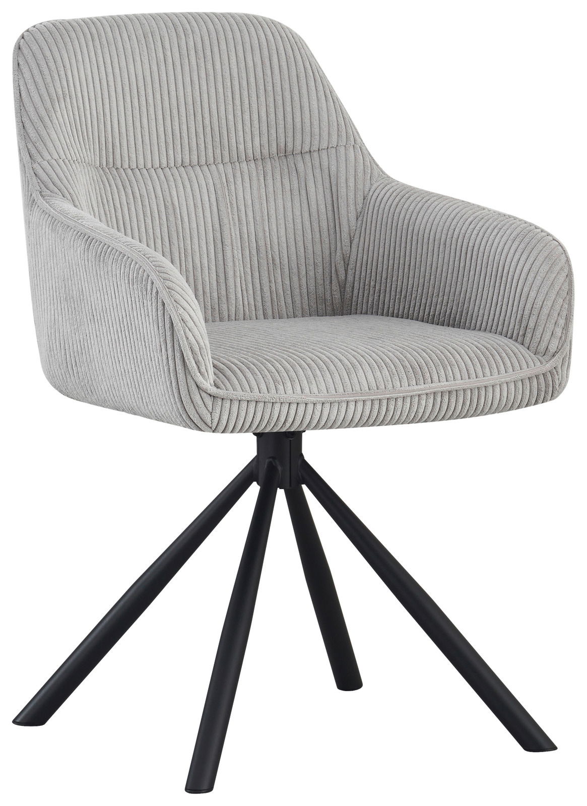Grauer Armlehnstuhl mit geripptem Stoffbezug und schwarzem Metallgestell, seitliche Perspektive