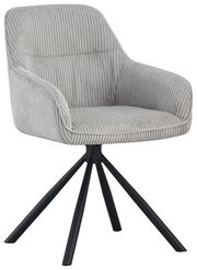 Grauer Armlehnstuhl mit geripptem Stoffbezug und schwarzem Metallgestell, seitliche Perspektive