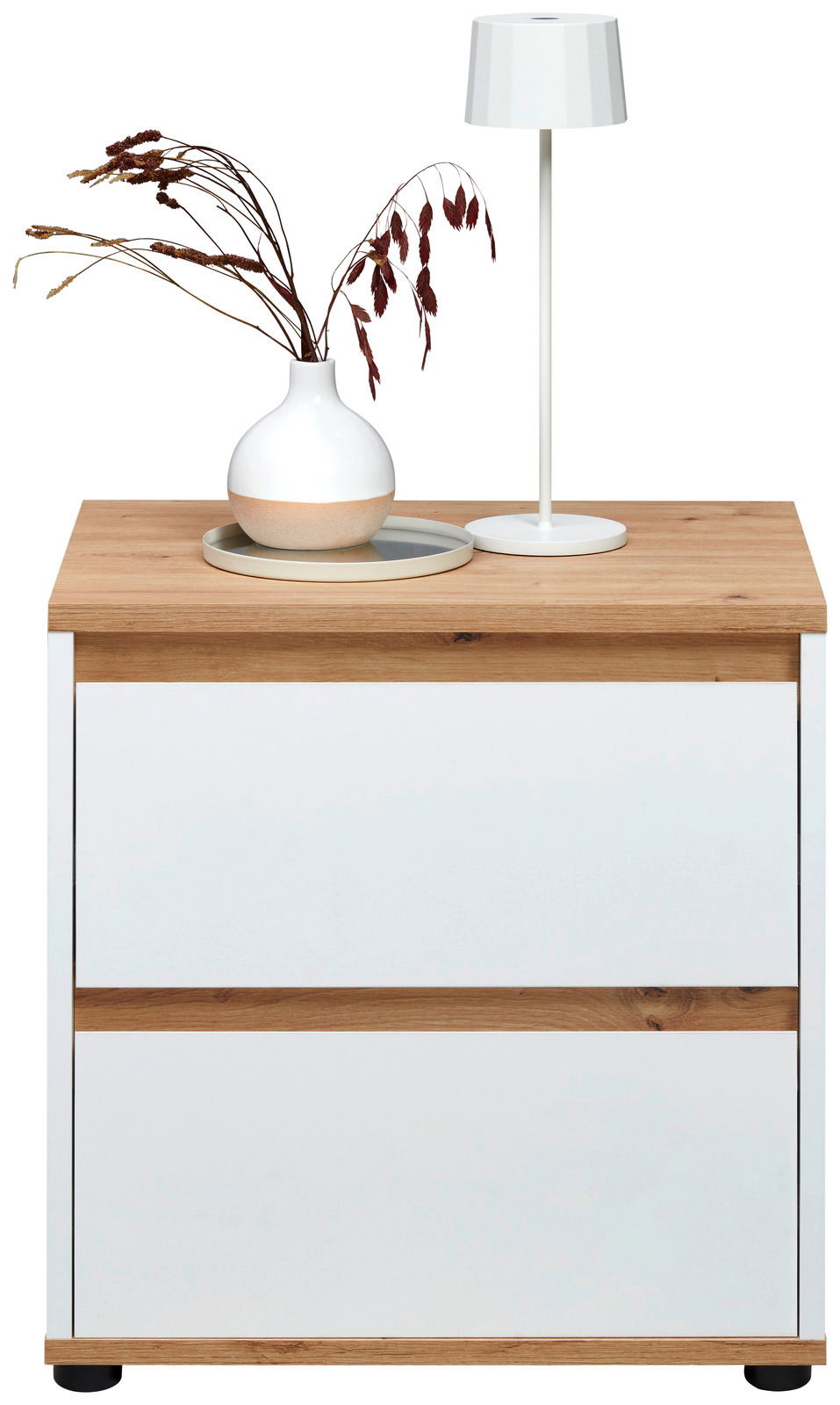 Nachtkommode mit Holzoberfläche, zwei weißen Schubladen, dekoriert mit einer weißen Vase und einer modernen Tischlampe, Frontalansicht