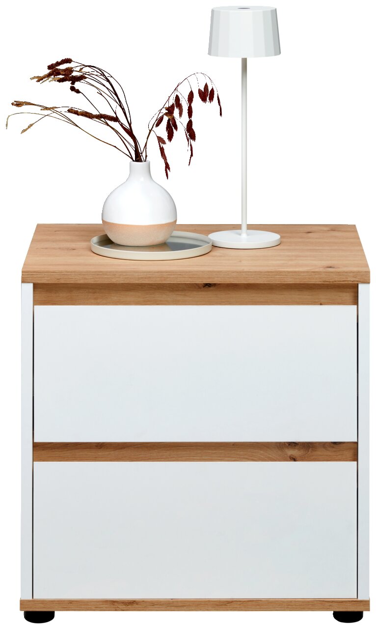 Nachtkommode mit Holzoberfläche, zwei weißen Schubladen, dekoriert mit einer weißen Vase und einer modernen Tischlampe, Frontalansicht