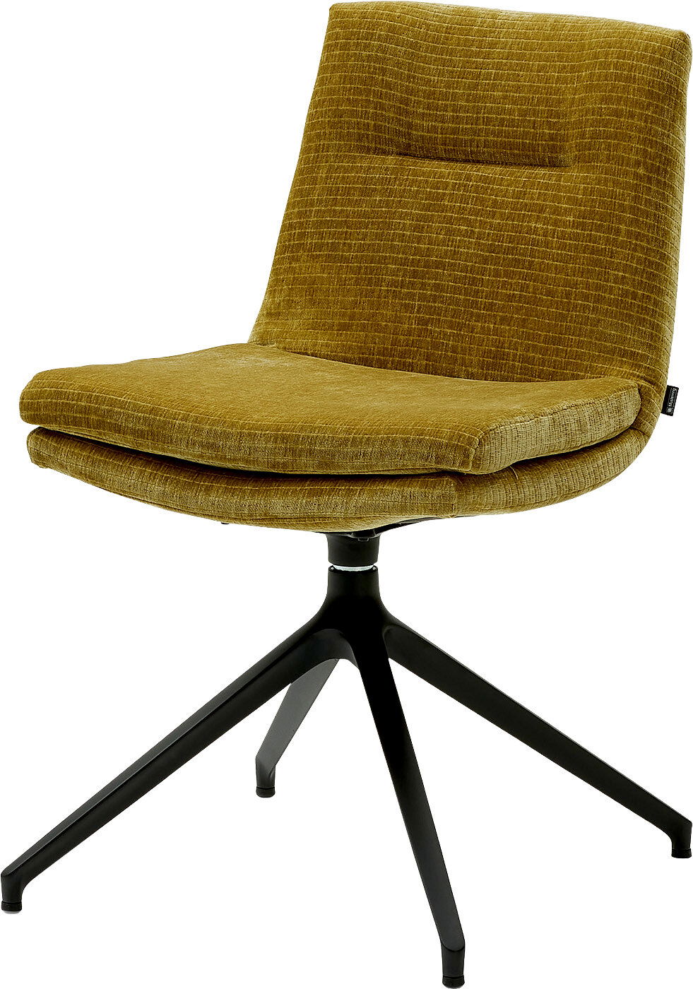 Moderner Stuhl mit senfgelbem Stoffbezug und schwarzem Metallgestell, seitliche Perspektive