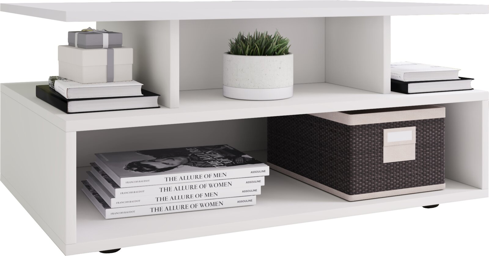 Weißer, moderner Couchtisch mit offenen Ablagefächern und Deko (Bücher, Geschenkboxen, Pflanze, Aufbewahrungsbox), gezeigt in frontaler leicht schräger Perspektive.
