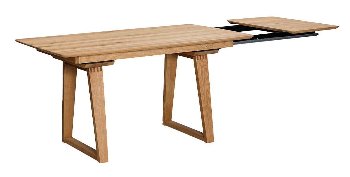 Erweiterbarer Esstisch aus Holz mit modernem Design, seitliche Perspektive