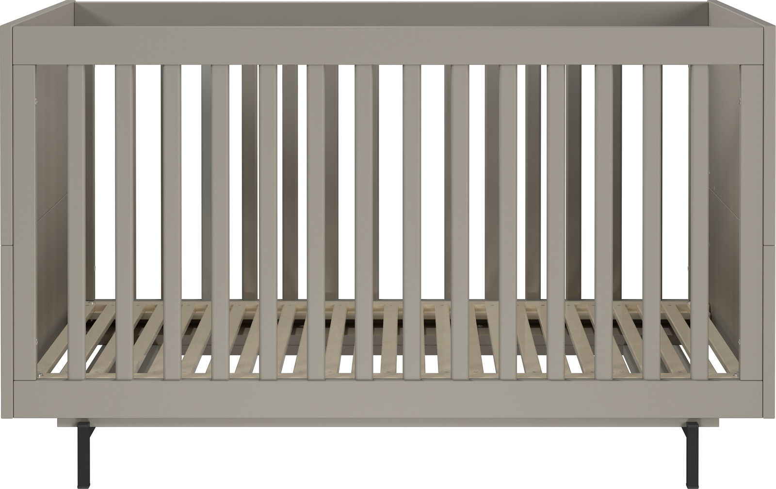 Frontansicht eines modernen Babybetts in neutralem Grau mit Gitterstäben und stabilen Beinen.