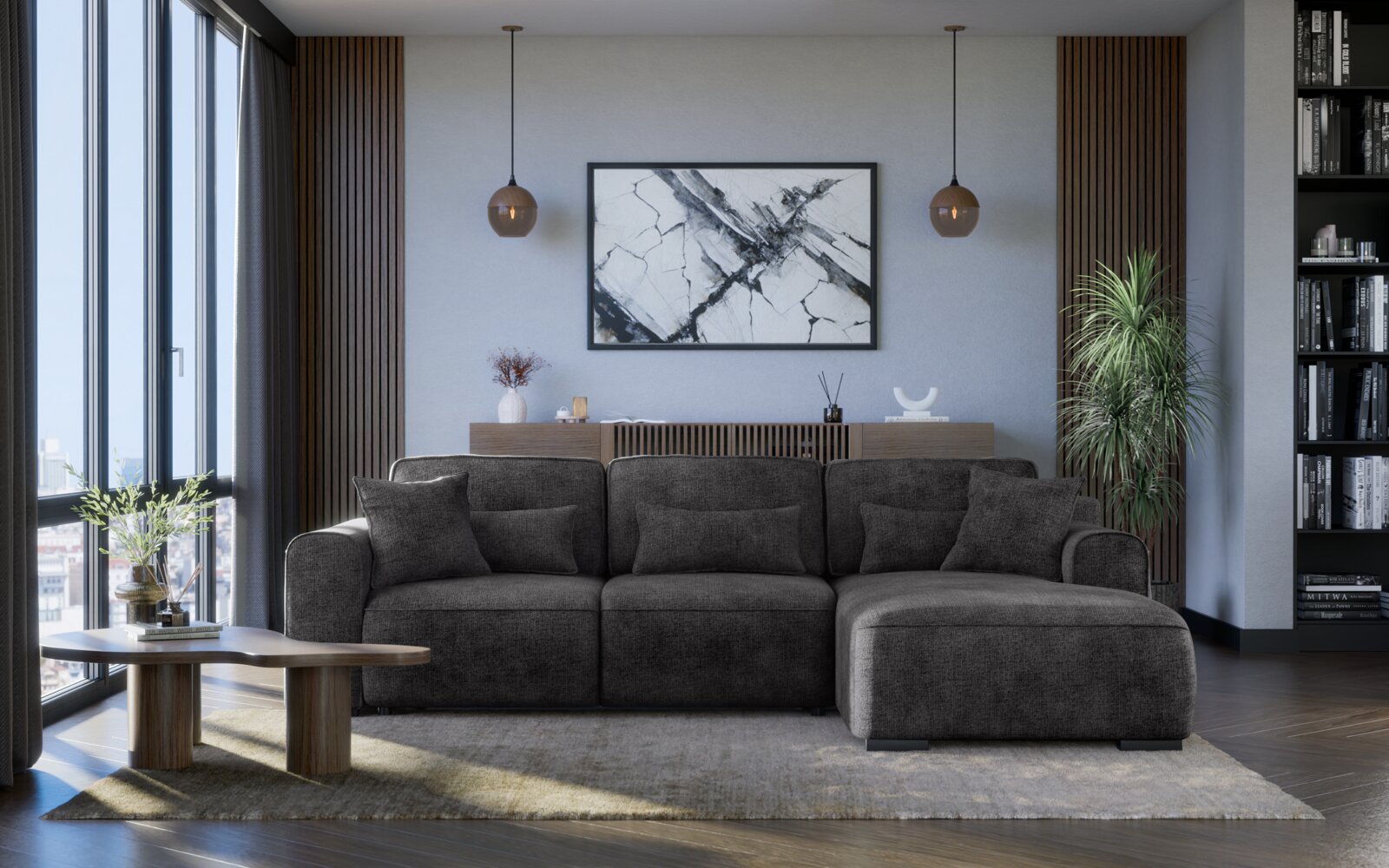 Moderne Rundecke (L) in einem stilvollen Wohnzimmer, frontal betrachtet, mit großen Fenstern, einem Couchtisch und dekorativen Elementen.