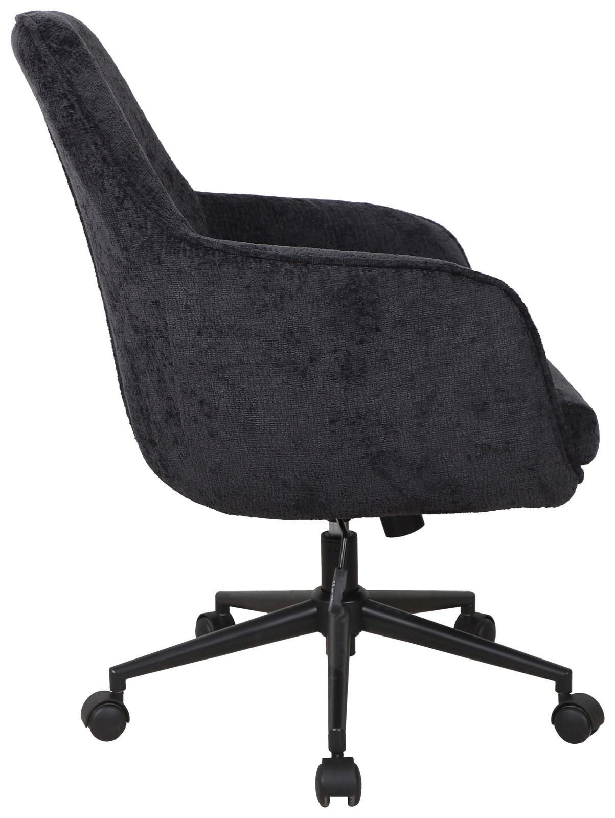 Schwarzer Drehstuhl mit Armlehnen, seitliche Ansicht