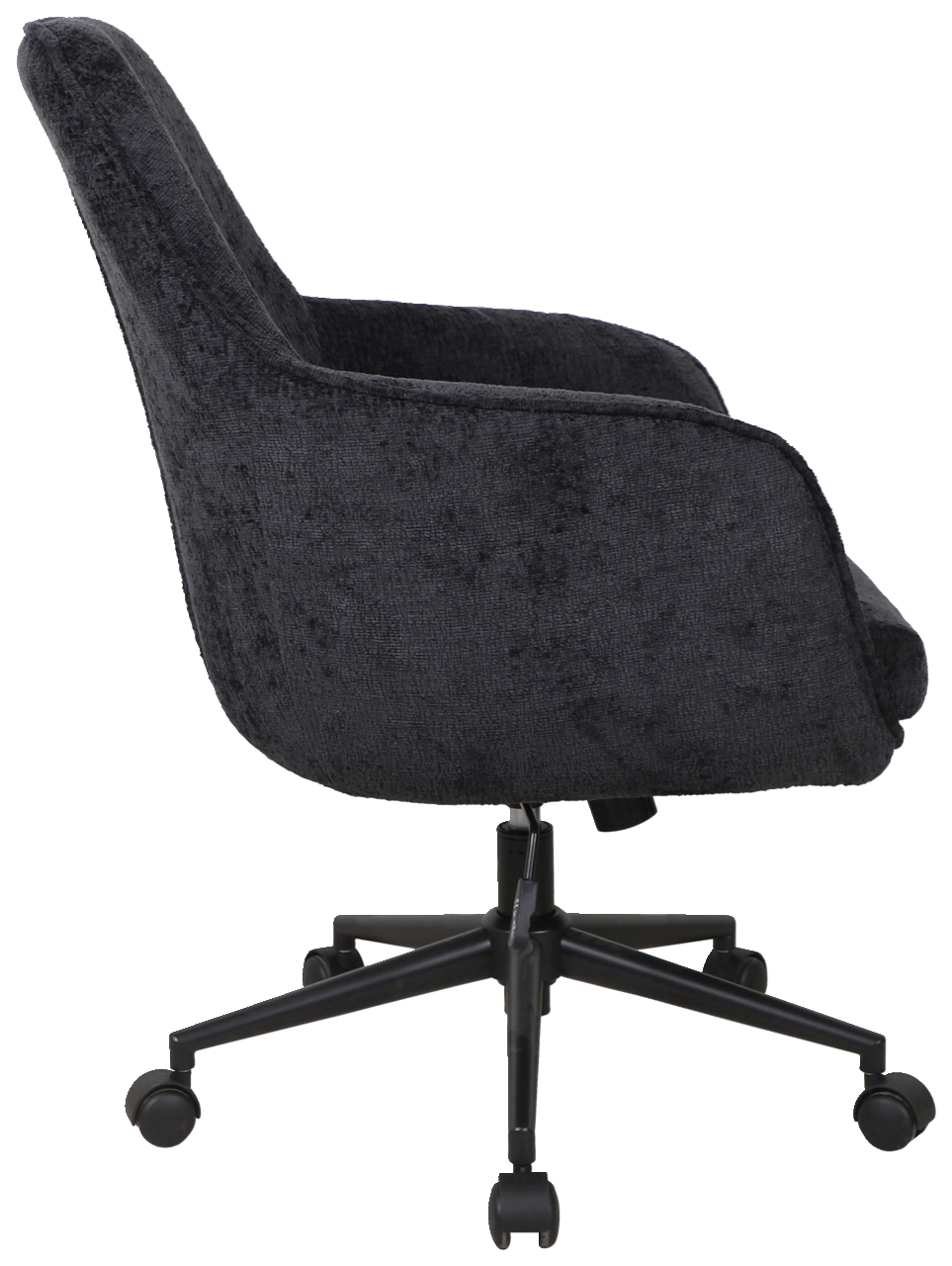 Schwarzer Drehstuhl mit Armlehnen, seitliche Ansicht