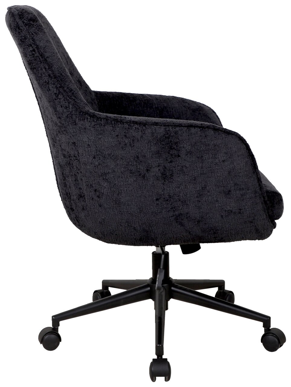 Schwarzer Drehstuhl mit Armlehnen, seitliche Ansicht