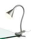 LED-Klemmleuchte in seitlicher Perspektive, mit flexiblem Hals und modernem Design, befestigt an einer Tischkante.