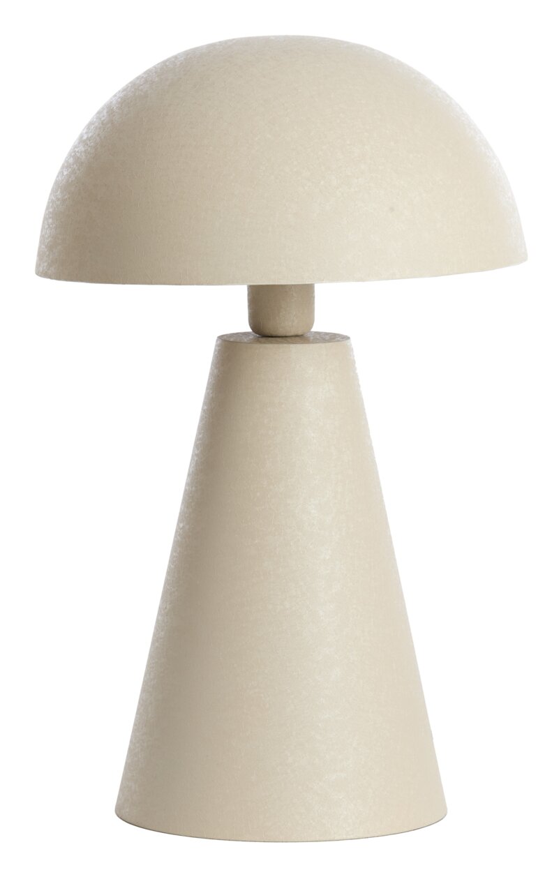 Beige Tischleuchte in Kegelform mit halbrundem Schirm, seitliche Perspektive