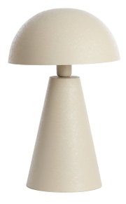 Beige Tischleuchte in Kegelform mit halbrundem Schirm, seitliche Perspektive