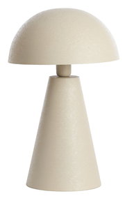 Beige Tischleuchte in Kegelform mit halbrundem Schirm, seitliche Perspektive