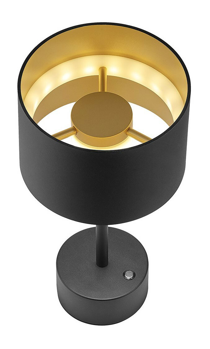 Musterring Akku-Tischleuchte LOOP Moderne Akku-Tischleuchte in Schwarz und Gold, von oben betrachtet, mit rundem Sockel und Schalter.
