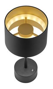Moderne Akku-Tischleuchte in Schwarz und Gold, von oben betrachtet, mit rundem Sockel und Schalter.