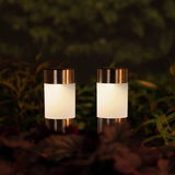 Zwei Solar Stabbeleuchten aus Edelstahl in einem Garten, frontal fotografiert, umgeben von Pflanzen.