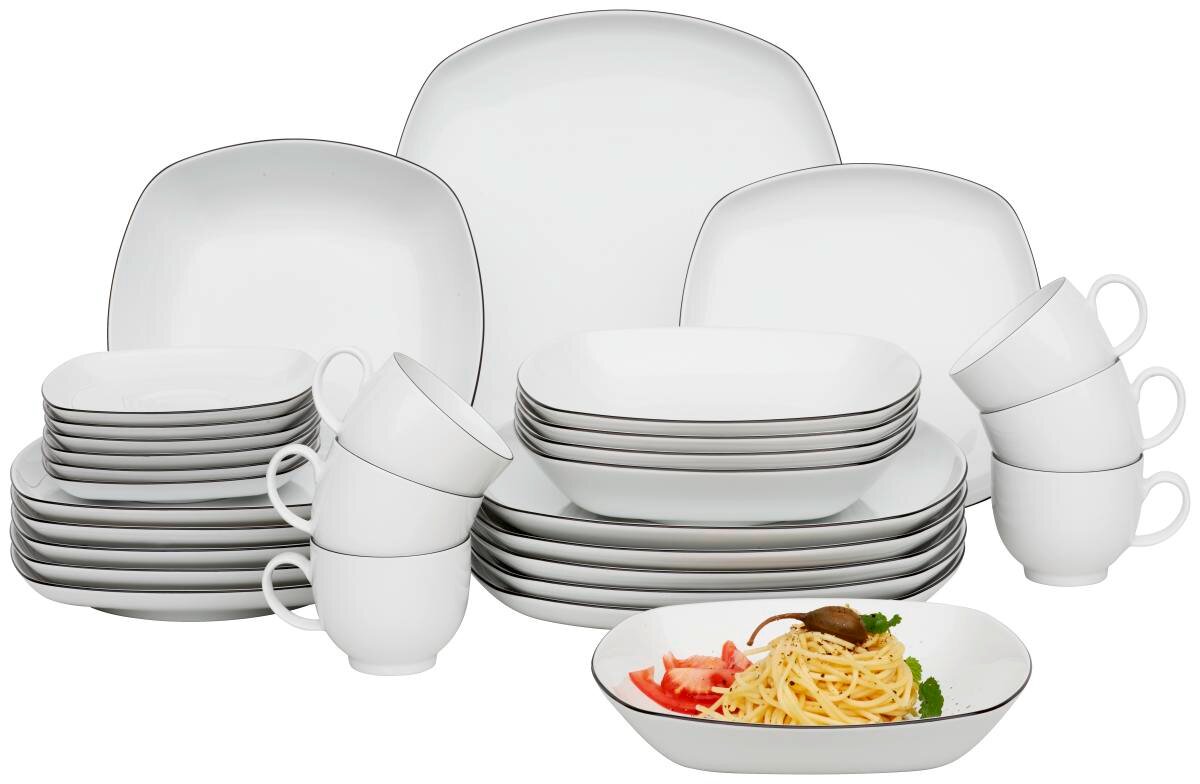 Seltmann Weiden Kombiservice Lido Black Line 30-tlg. eckig Kombiservice Lido Black eckig, bestehend aus weißen, eckigen Tellern, Schalen und Tassen mit schwarzem Rand, frontal abgebildet.