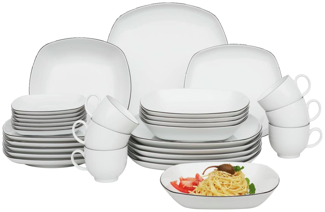 Kombiservice Lido Black eckig, bestehend aus weißen, eckigen Tellern, Schalen und Tassen mit schwarzem Rand, frontal abgebildet.