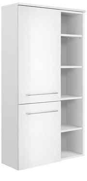 Weißer Midischrank mit zwei Türen und offenen Regalfächern, seitliche Perspektive