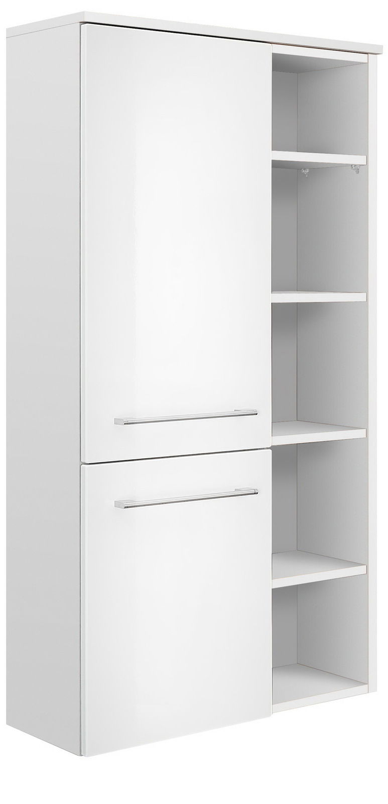 Weißer Midischrank mit zwei Türen und offenen Regalfächern, seitliche Perspektive