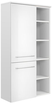 Weißer Midischrank mit zwei Türen und offenen Regalfächern, seitliche Perspektive