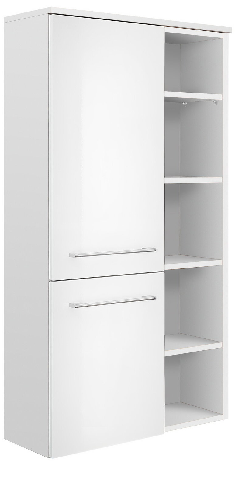 Weißer Midischrank mit zwei Türen und offenen Regalfächern, seitliche Perspektive