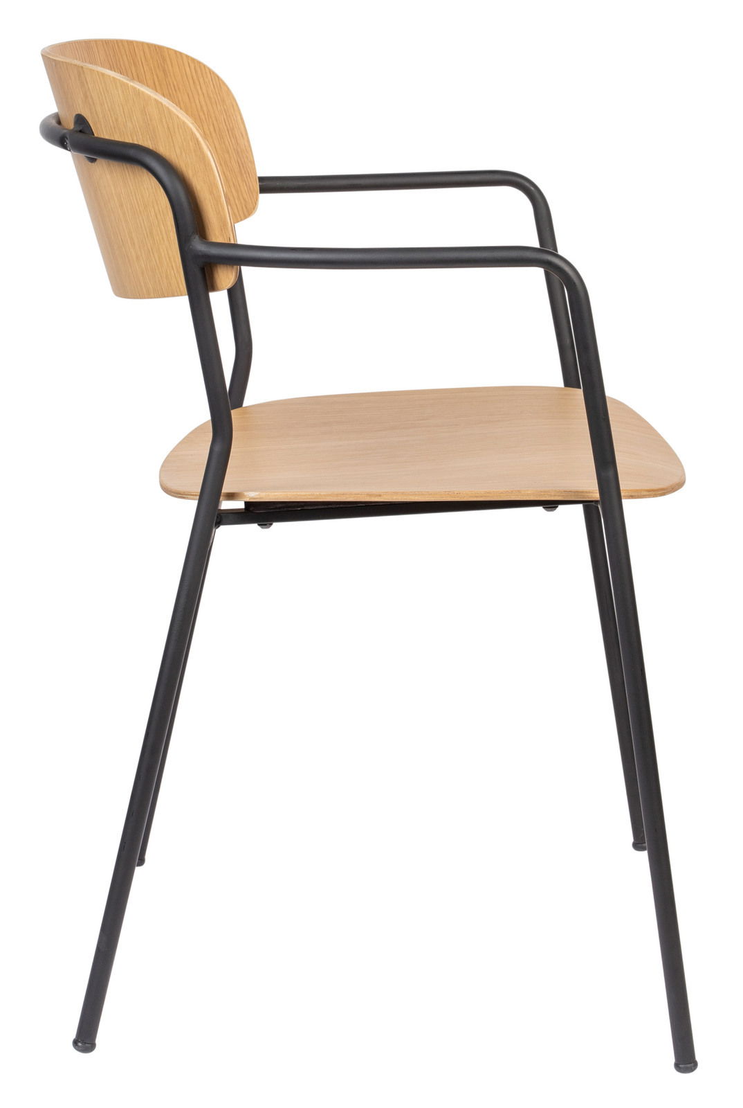 Moderner Armlehnenstuhl aus Holz und Metall, seitliche Perspektive