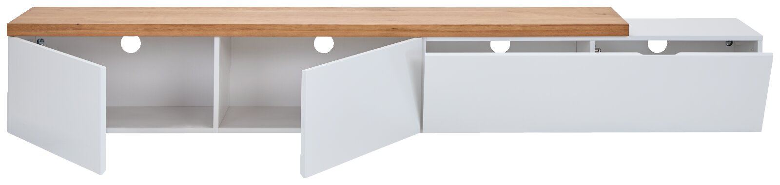 Weißes Lowboard/TV-Board mit Holzplatte, zwei geöffneten Drehtüren links und einer ausgezogenen Schublade rechts, Frontansicht leicht von oben vor weißem Hintergrund.