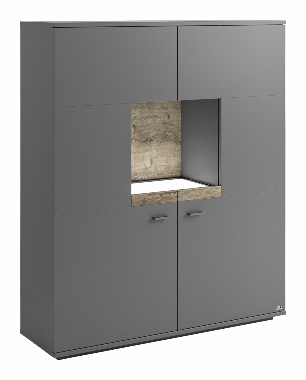 Graues Highboard mit Holzdetails, frontal betrachtet