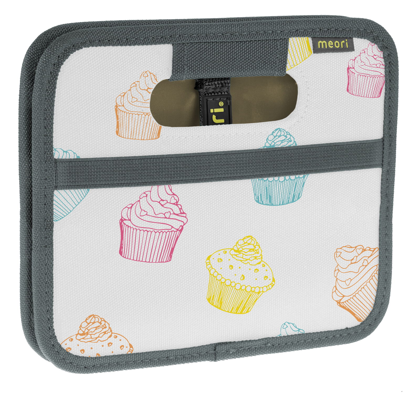 Faltbox Mini mit buntem Cupcake-Muster, seitliche Perspektive