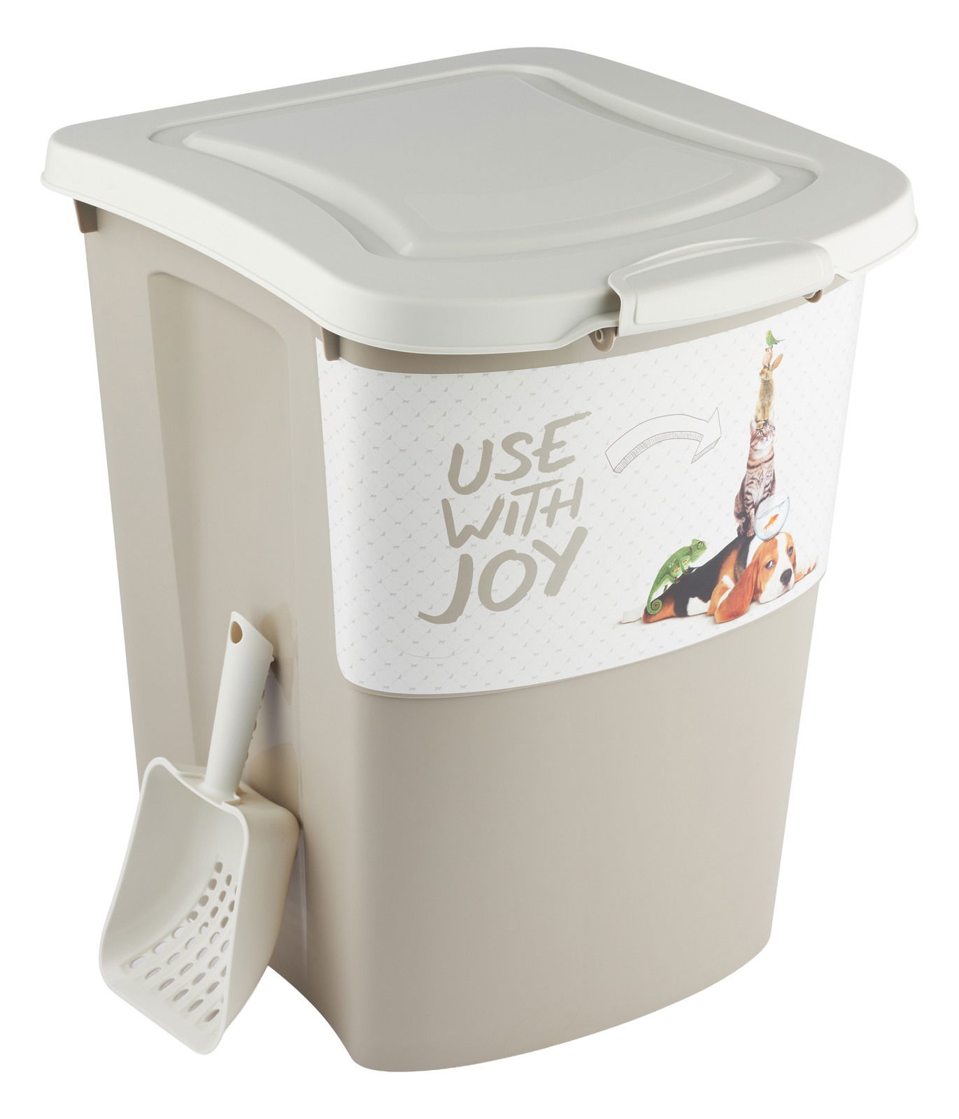 Tierfutterbehälter 38 l mit Deckel und Schaufel, seitliche Perspektive