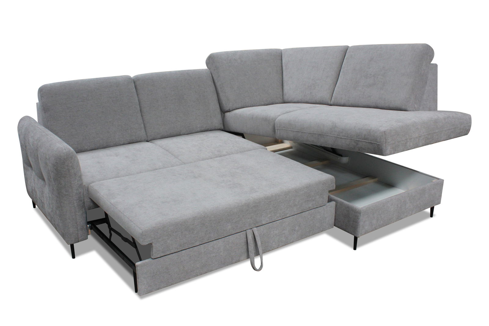 Graue Rundecke mit ausziehbarer Schlaffunktion und Stauraum, Perspektive von vorne links