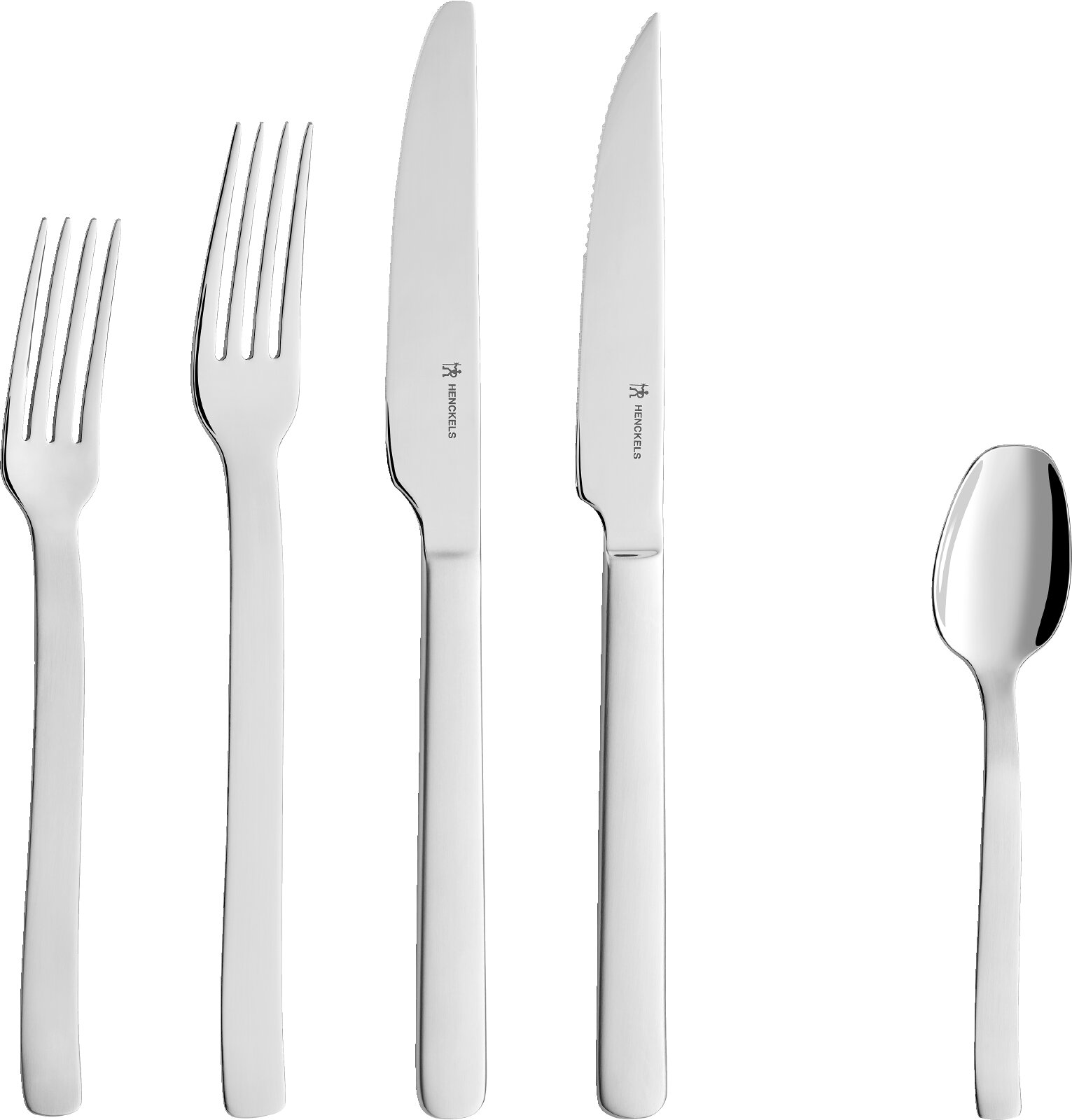 Henckels Edelstahl-Besteckset mit zwei Gabeln, Messer, großer Löffel und Teelöffel, frontal in gerader Draufsicht auf weißem Hintergrund