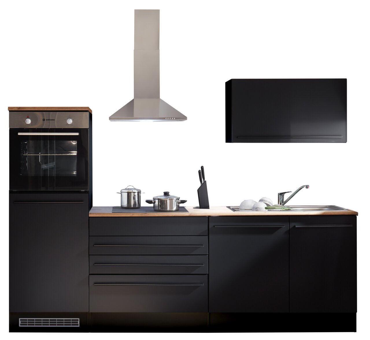 Moderne Küchenzeile in schwarzem Design mit Herd, Dunstabzugshaube, Spüle und Hängeschrank, frontale Ansicht