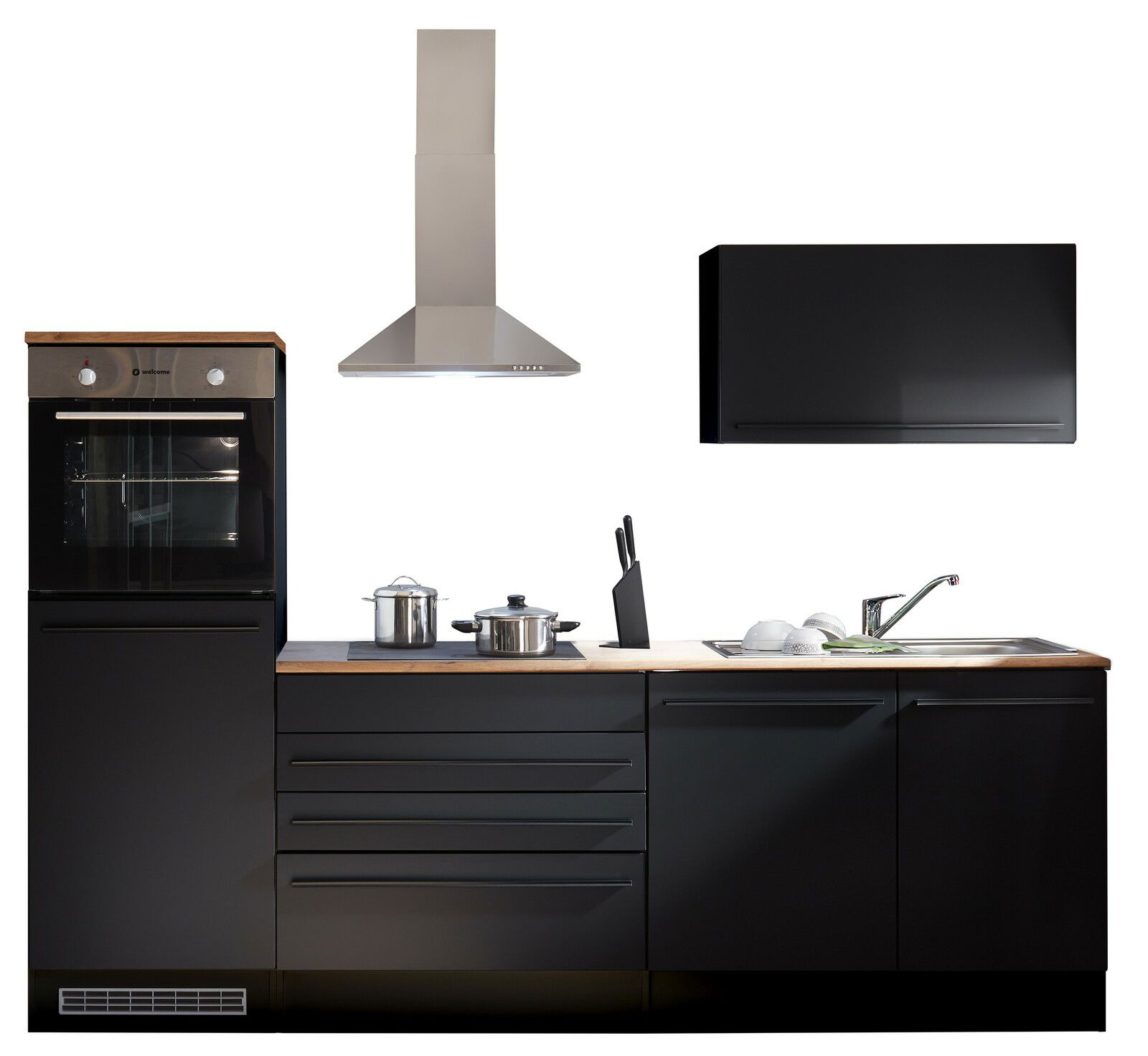 Moderne Küchenzeile in schwarzem Design mit Herd, Dunstabzugshaube, Spüle und Hängeschrank, frontale Ansicht