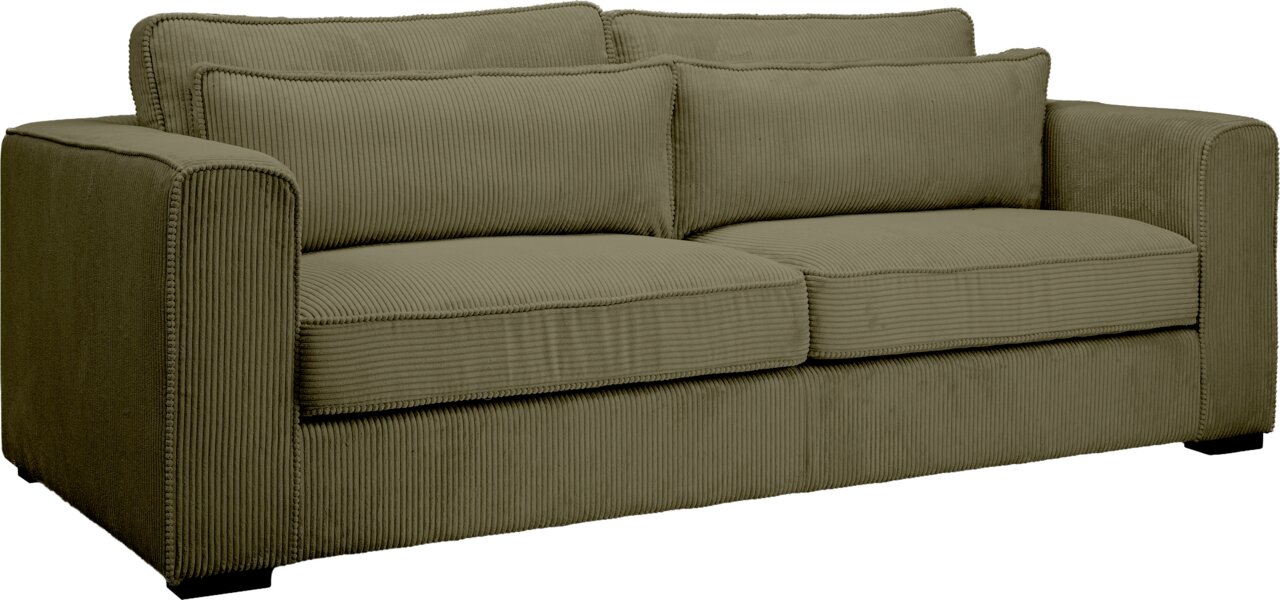 Olivgrünes 2-Sitzer-Sofa mit Cordbezug, breiten Armlehnen und zwei Rückenkissen, freigestellt auf weißem Hintergrund, Ansicht schräg von vorne.