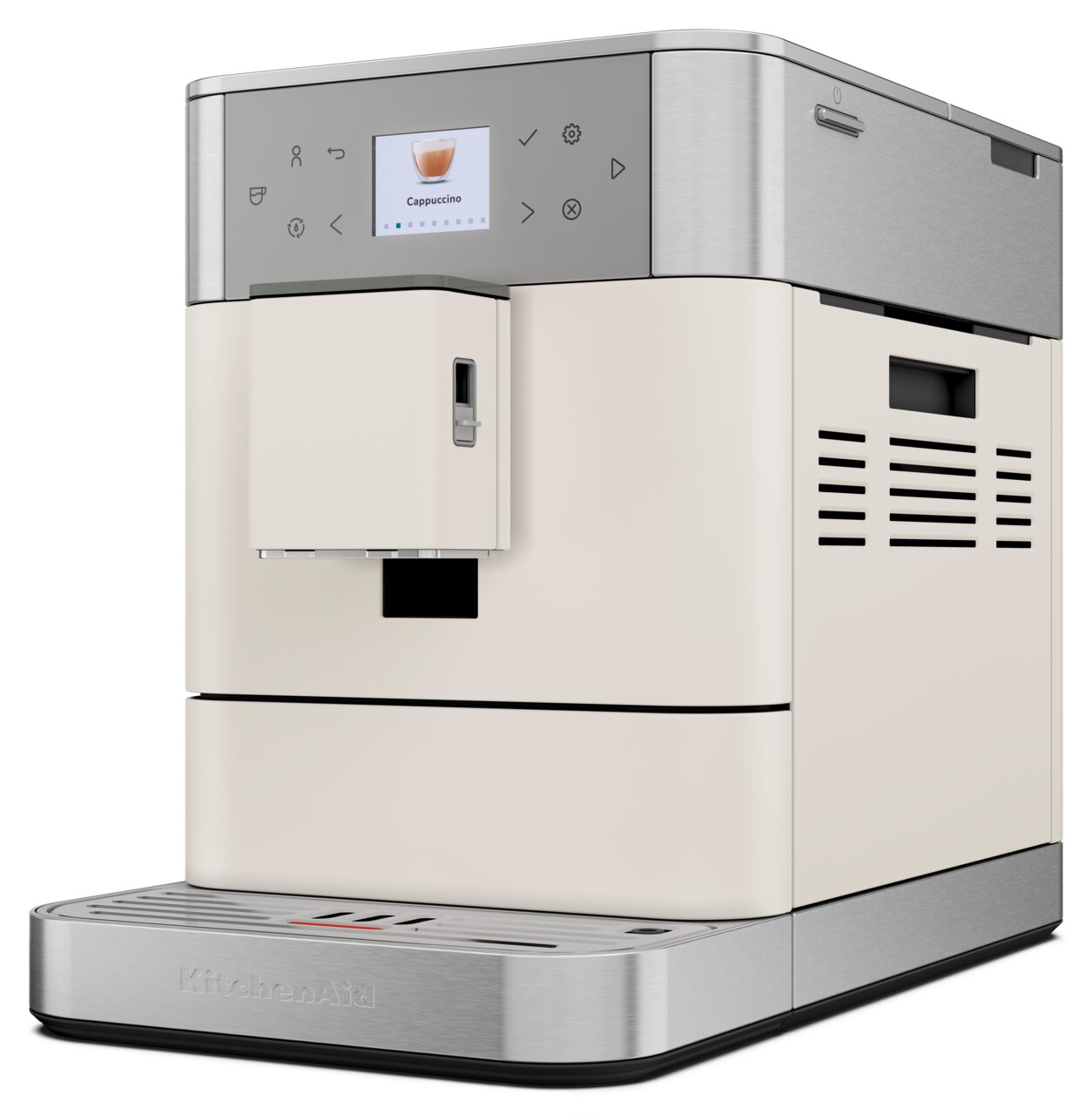 Kaffeevollautomat in seitlicher Perspektive mit Edelstahl- und cremefarbenem Design, Display zeigt Cappuccino-Option.