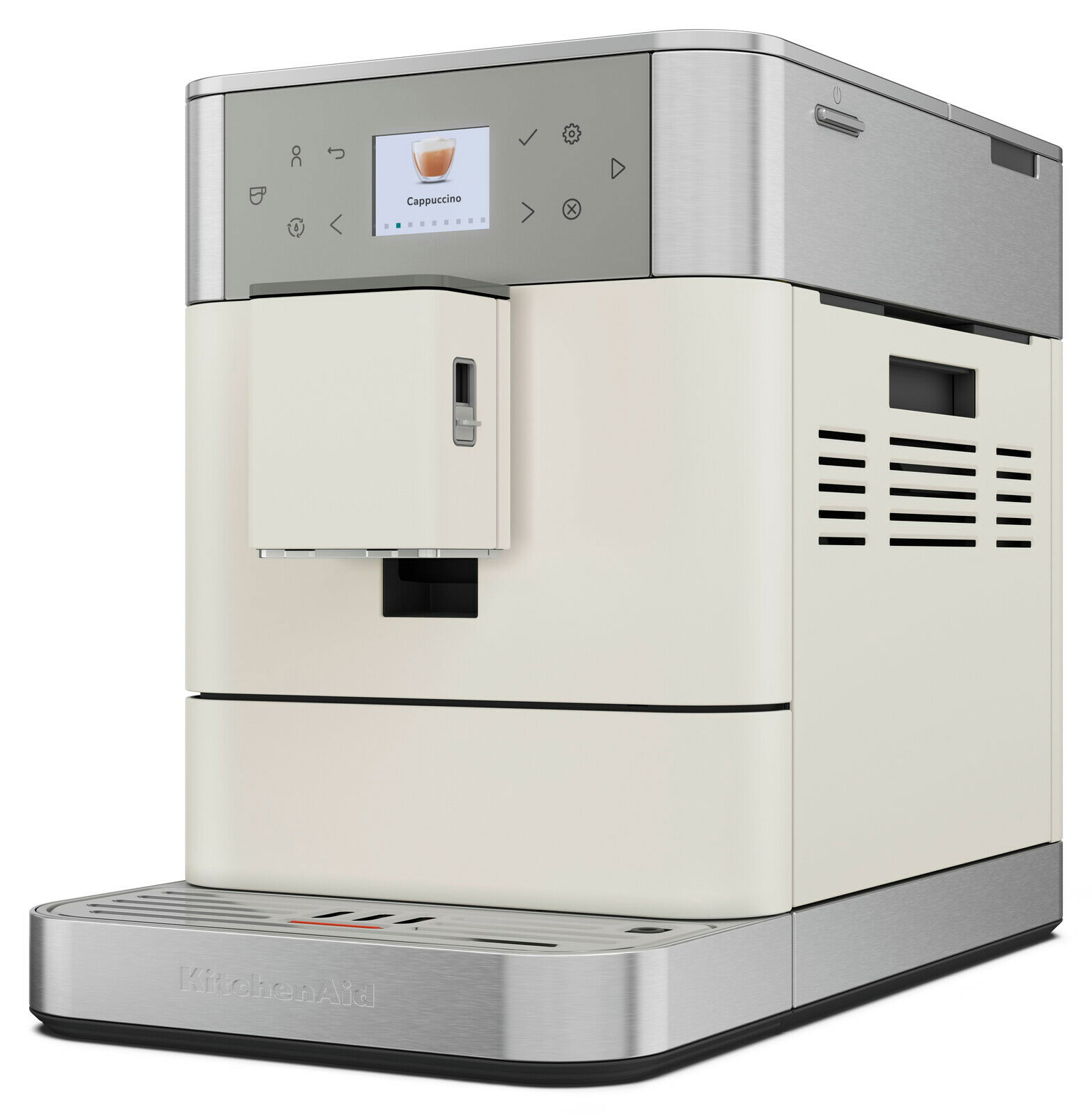 Kaffeevollautomat in seitlicher Perspektive mit Edelstahl- und cremefarbenem Design, Display zeigt Cappuccino-Option.