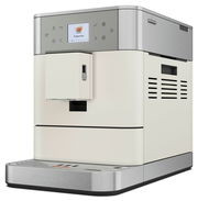Kaffeevollautomat in seitlicher Perspektive mit Edelstahl- und cremefarbenem Design, Display zeigt Cappuccino-Option.