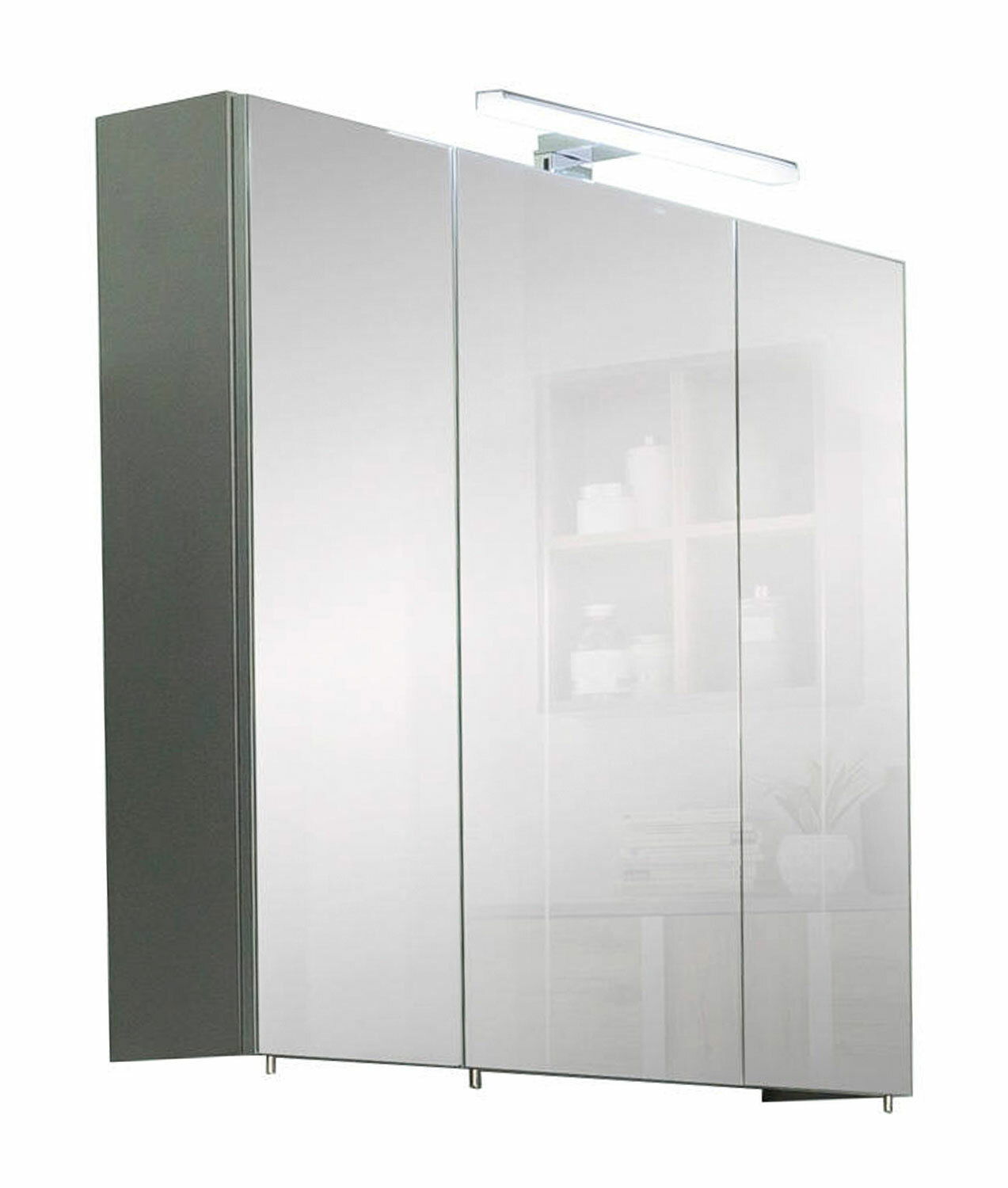 Spiegelschrank mit drei Türen und integrierter Beleuchtung, seitliche Perspektive