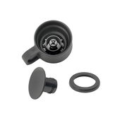 Ansicht von oben auf die Einzelteile eines schwarzen Impulse Travel Mugs, bestehend aus Deckel, Dichtung und Verschluss.