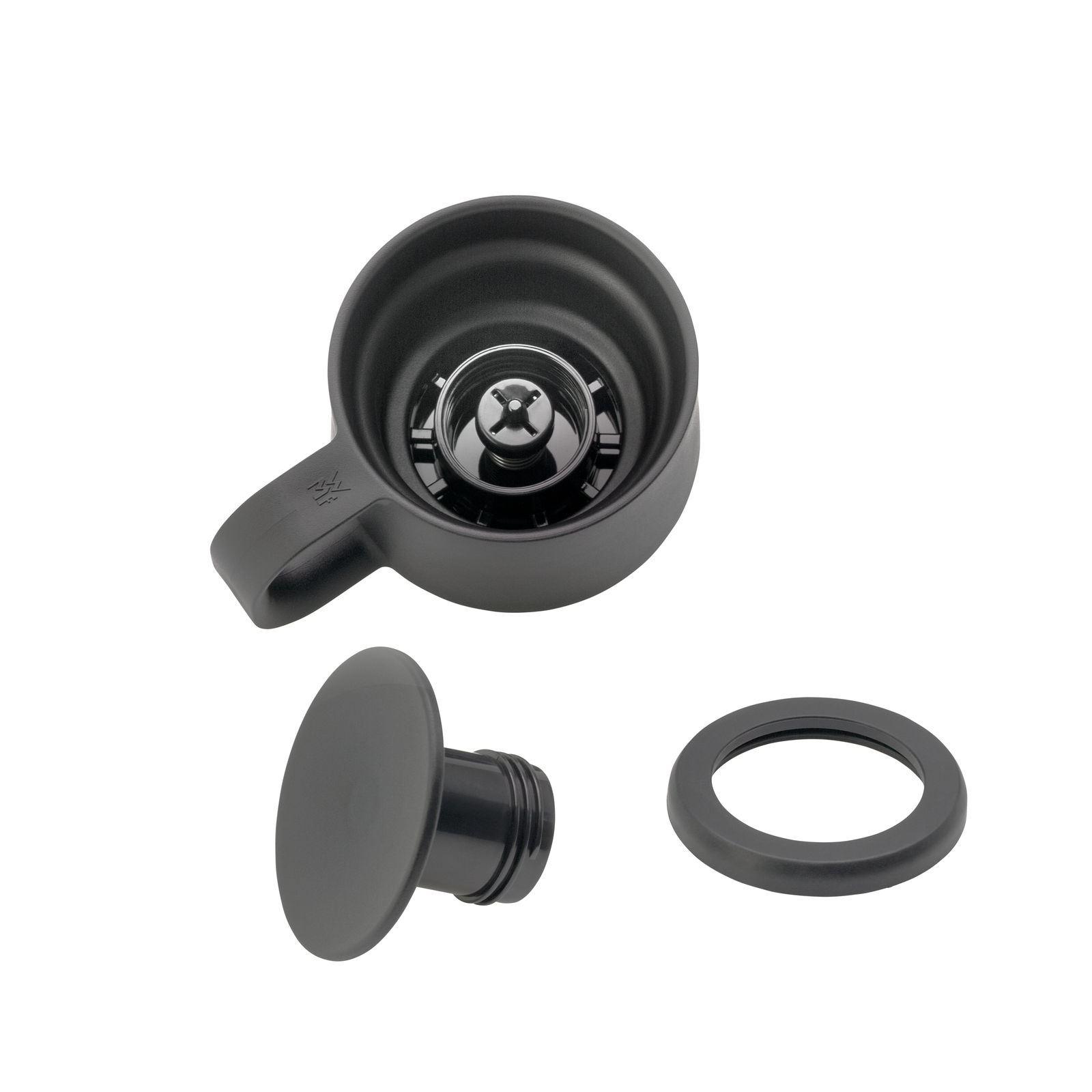 Ansicht von oben auf die Einzelteile eines schwarzen Impulse Travel Mugs, bestehend aus Deckel, Dichtung und Verschluss.