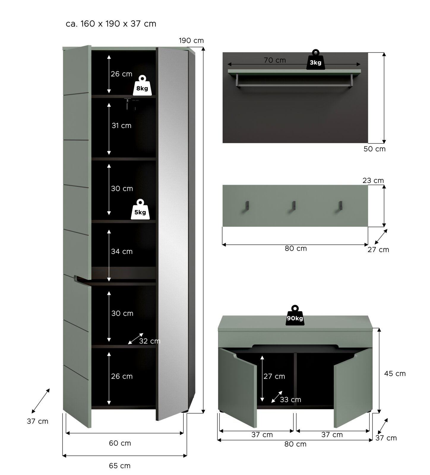 Maßgrafik eines modernen Badezimmermöbel-Sets in Mattgrün mit Hochschrank und Waschtischunterschrank sowie Spiegel und Wandboard; Vorderansicht mit geöffneter Tür und eingezeichneten Maßen (u. a. Hochschrank ca. 160×190×37 cm) und Belastungsangaben.