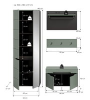 Maßgrafik eines modernen Badezimmermöbel-Sets in Mattgrün mit Hochschrank und Waschtischunterschrank sowie Spiegel und Wandboard; Vorderansicht mit geöffneter Tür und eingezeichneten Maßen (u. a. Hochschrank ca. 160×190×37 cm) und Belastungsangaben.