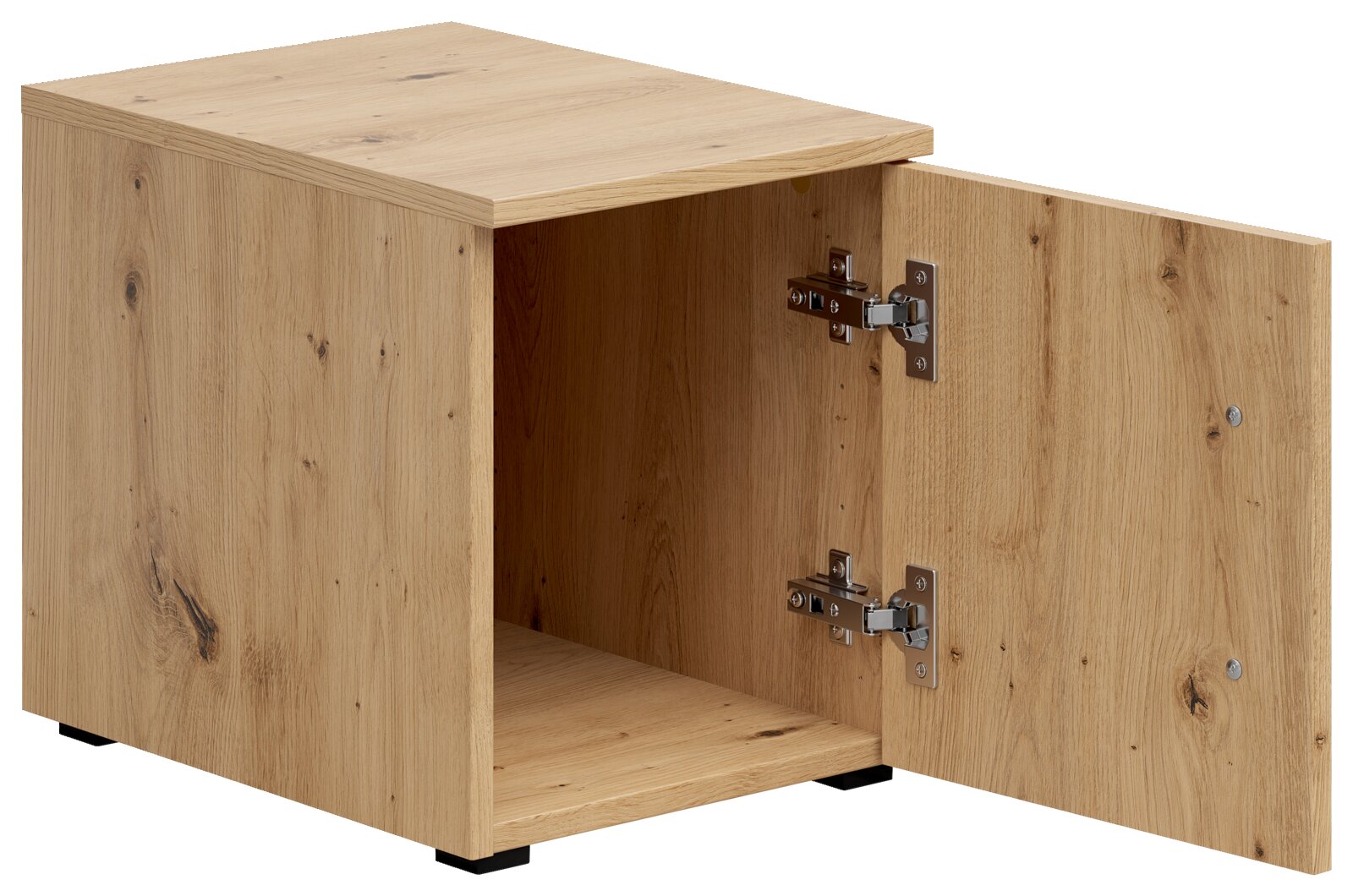 Holz-Aufsatzschrank mit geöffneter Tür, seitliche Perspektive