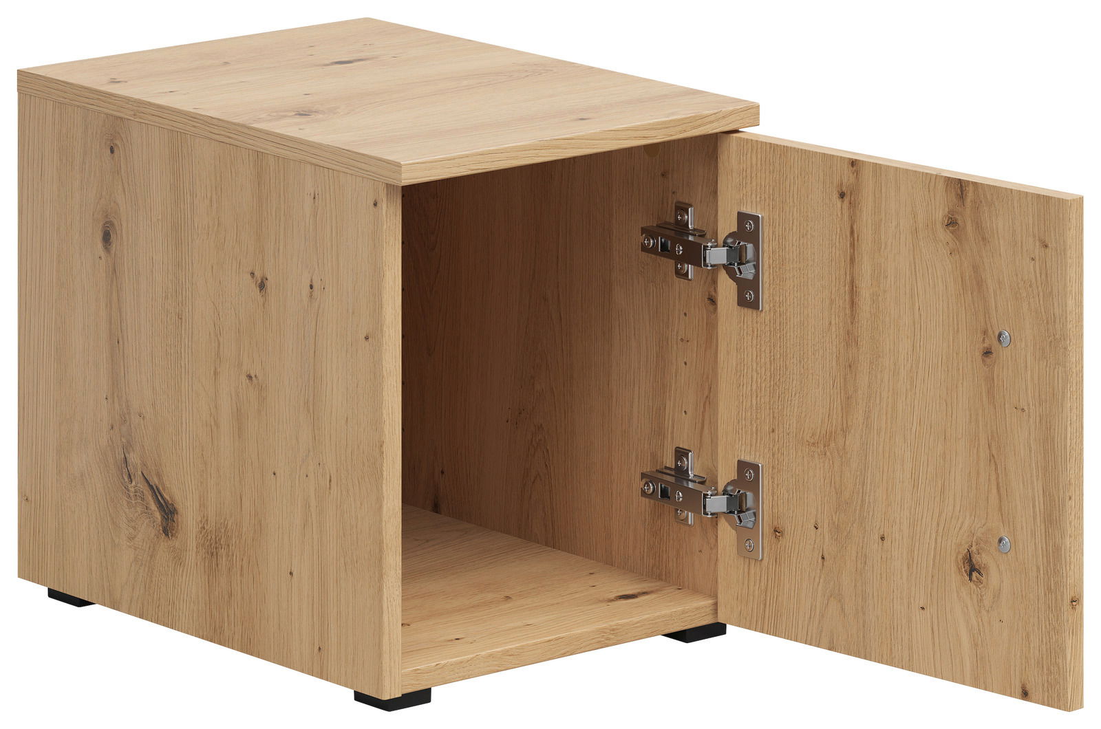 Holz-Aufsatzschrank mit geöffneter Tür, seitliche Perspektive