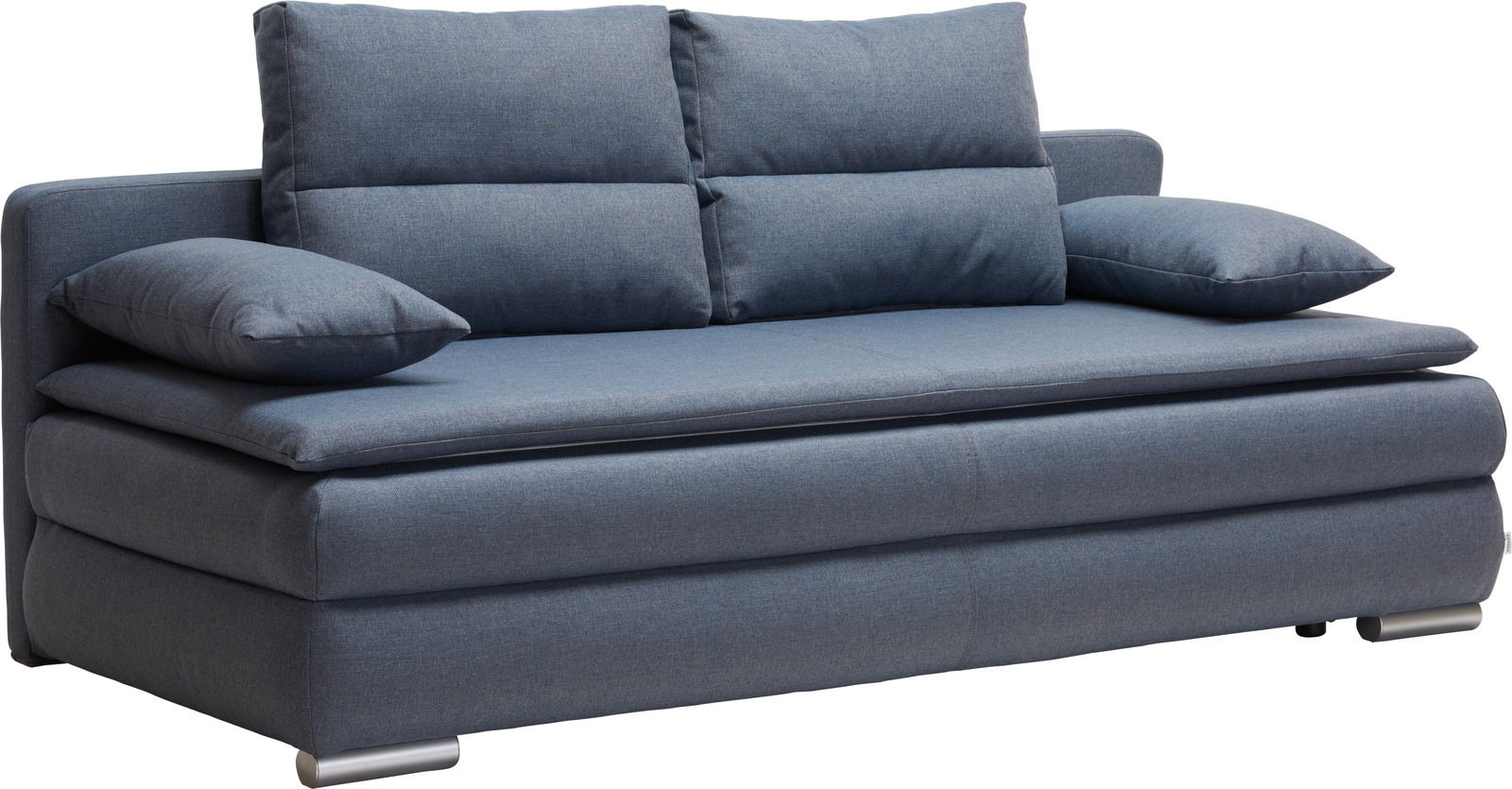 Blaues Funktionssofa mit zwei Rückenkissen und zwei Armlehnenkissen, seitliche Perspektive