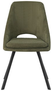 Moderner grüner Stuhl mit geripptem Stoffbezug und schwarzen Metallbeinen, Frontalansicht